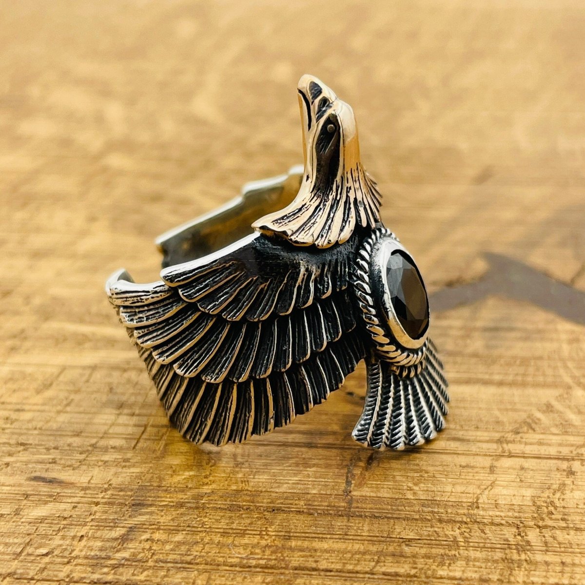 Unisex Adjustable Eagle Silver Ring with Black Onyx Stone