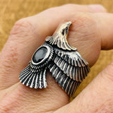 Unisex Adjustable Eagle Silver Ring with Black Onyx Stone