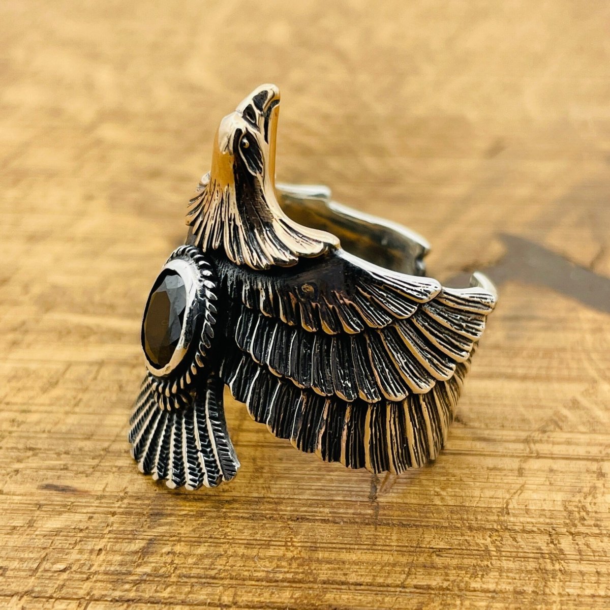 Unisex Adjustable Eagle Silver Ring with Black Onyx Stone