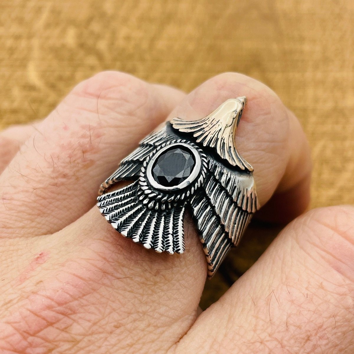 Unisex Adjustable Eagle Silver Ring with Black Onyx Stone