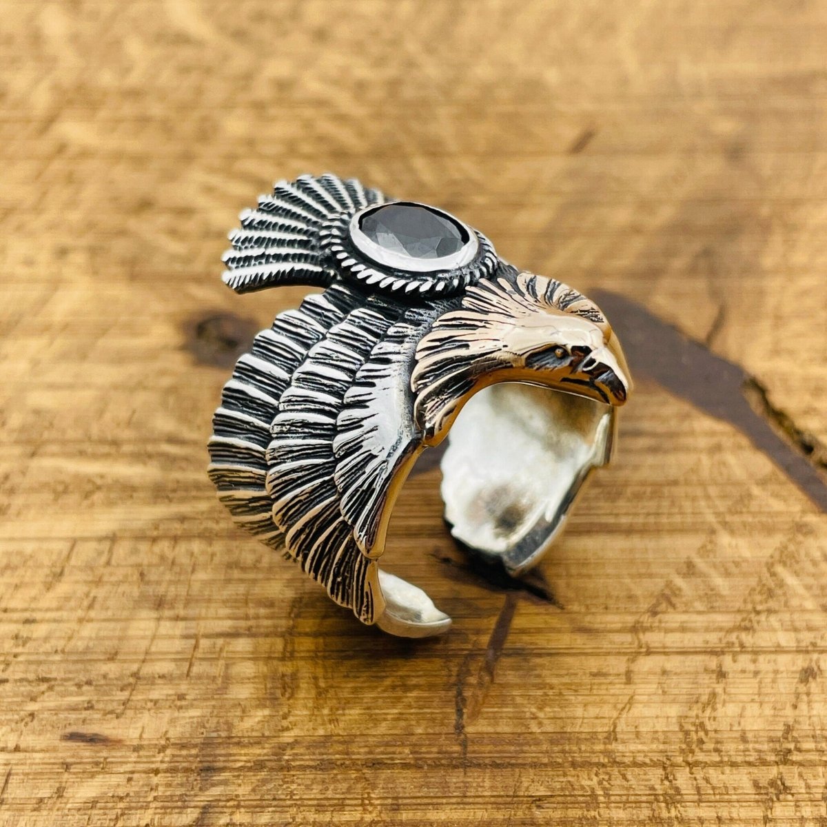 Unisex Adjustable Eagle Silver Ring with Black Onyx Stone