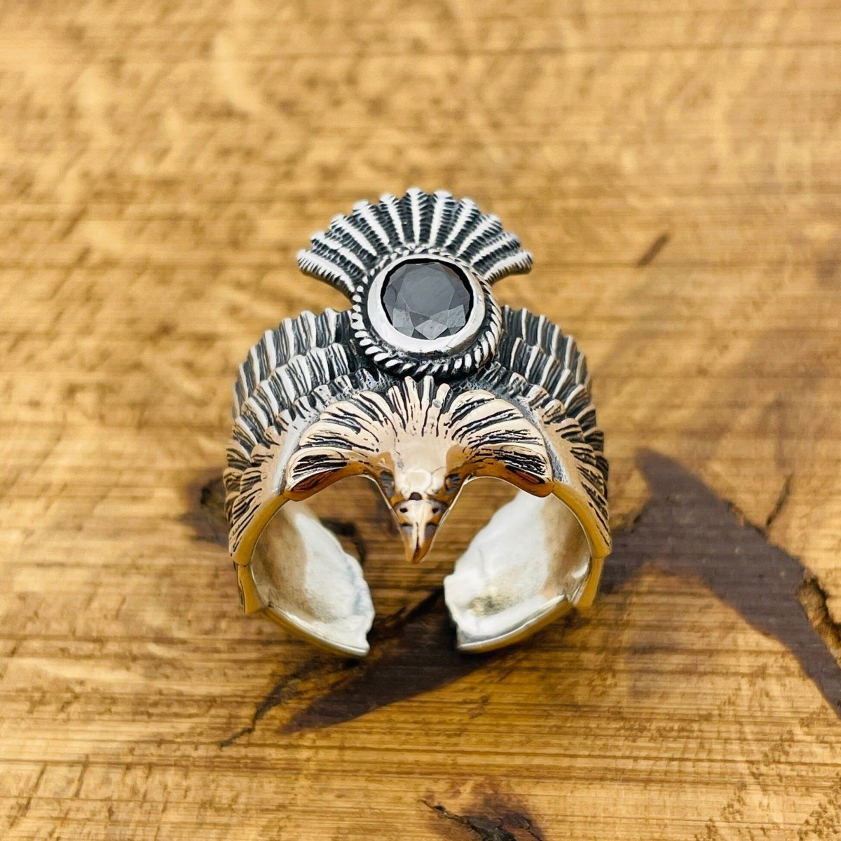 Unisex Adjustable Eagle Silver Ring with Black Onyx Stone