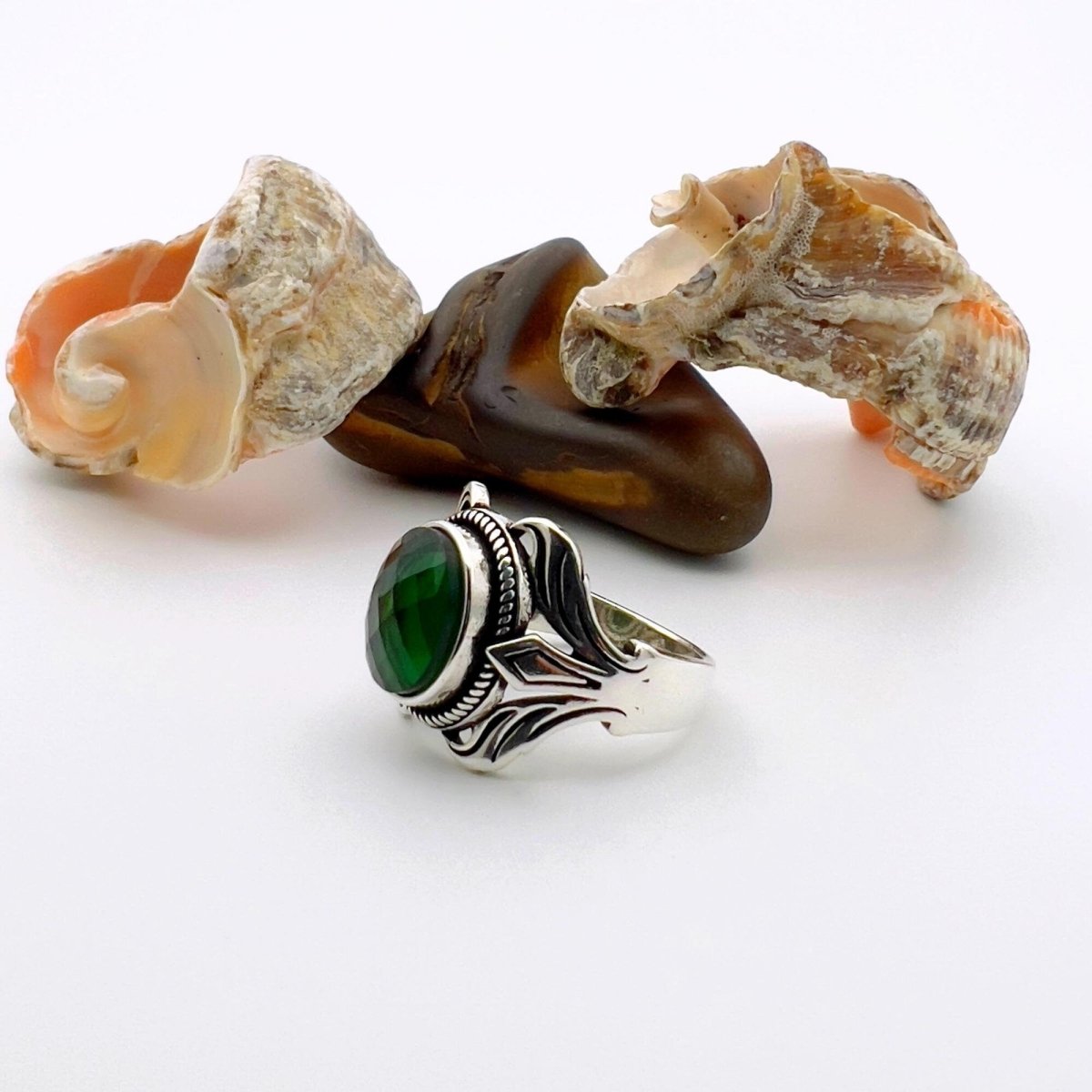 Unisex Green Emerald Silver Ring