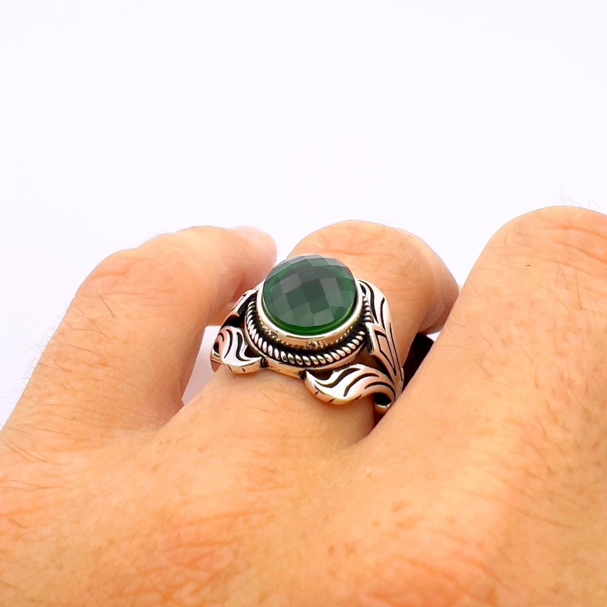 Unisex Green Emerald Silver Ring