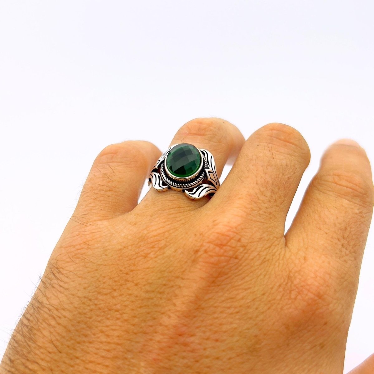 Unisex Green Emerald Silver Ring