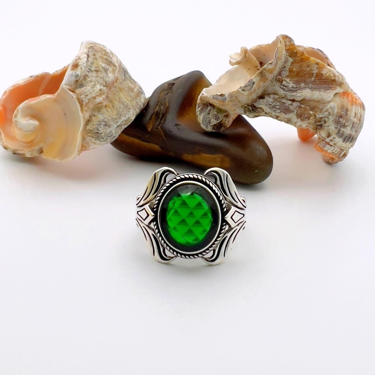 Unisex Green Emerald Silver Ring