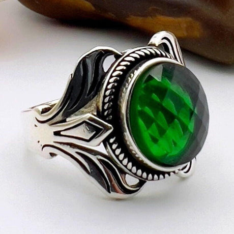 Unisex Green Emerald Silver Ring