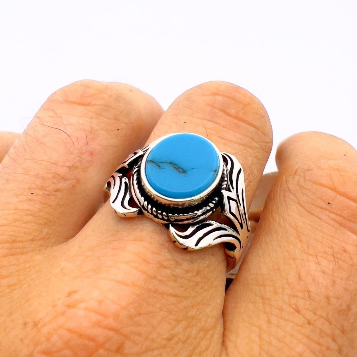 Unisex Handmade 925 Sterling Silver Blue Turquoise Oval Ring - TryAladdin