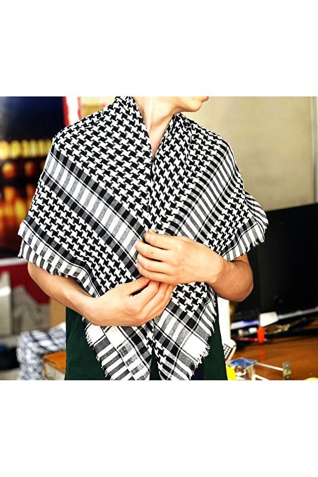 Unisex Keffiyeh Scarf - Black & White Plaid - TryAladdin