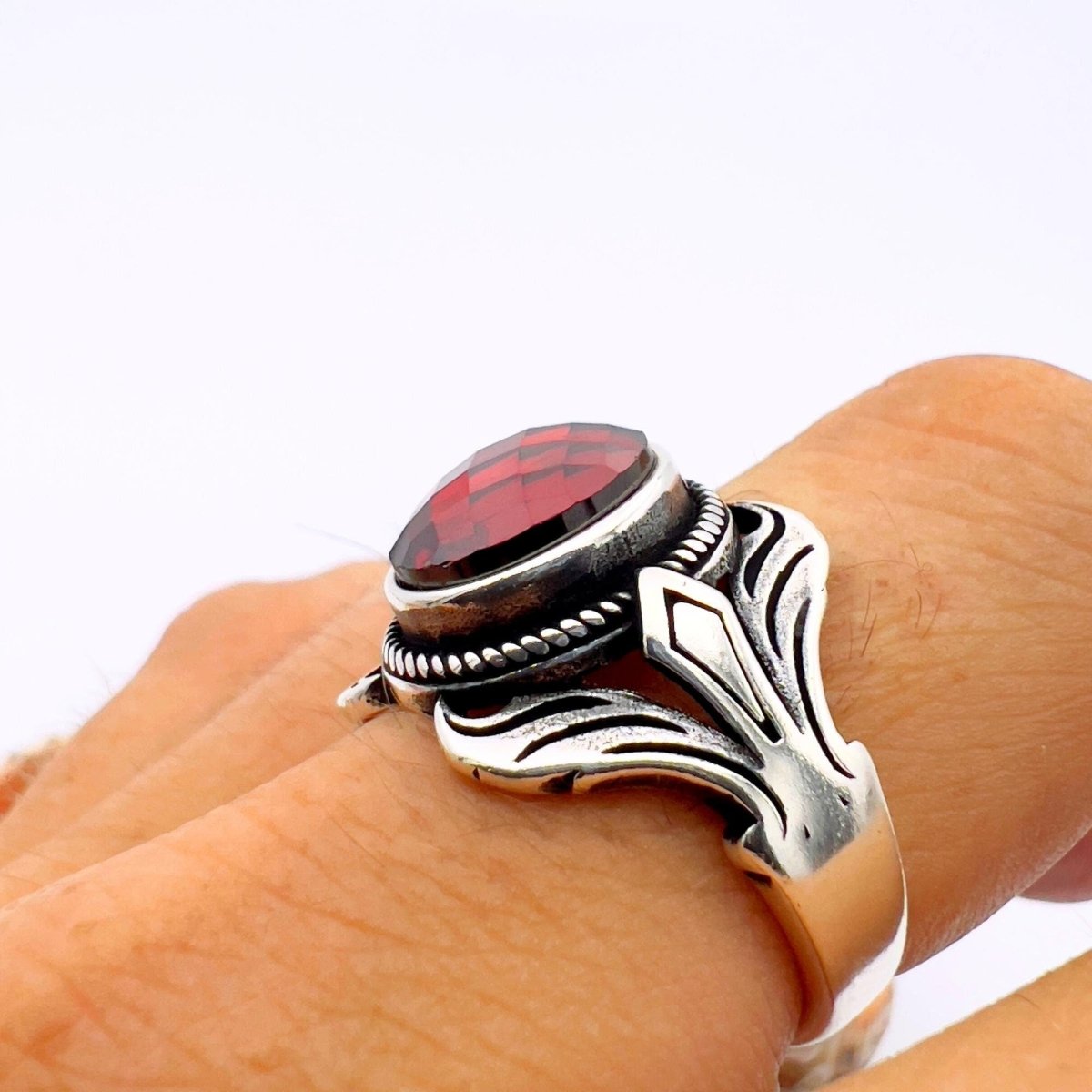 Unisex Red Zircon Stone Silver Ring