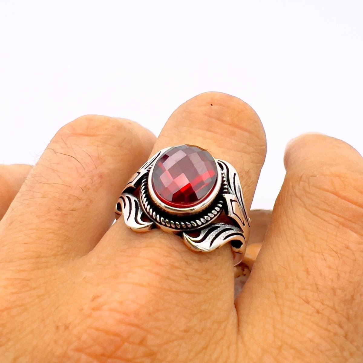 Unisex Red Zircon Stone Silver Ring