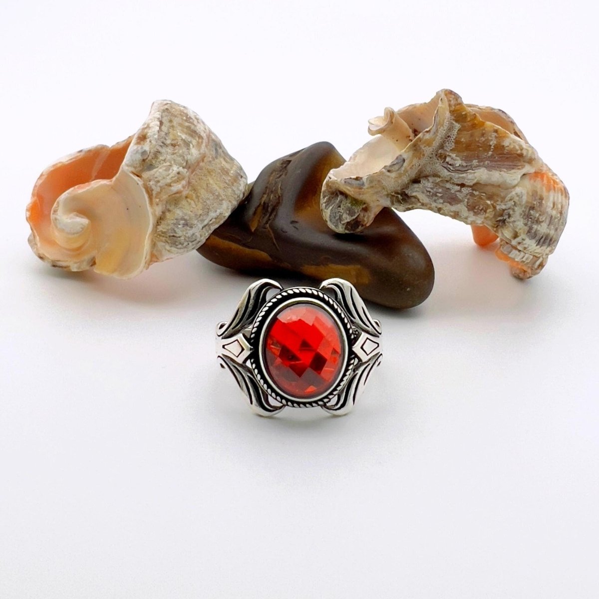 Unisex Red Zircon Stone Silver Ring