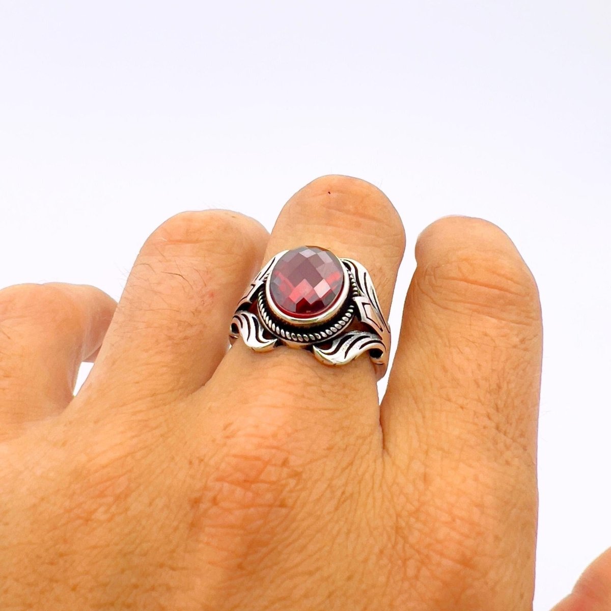 Unisex Red Zircon Stone Silver Ring