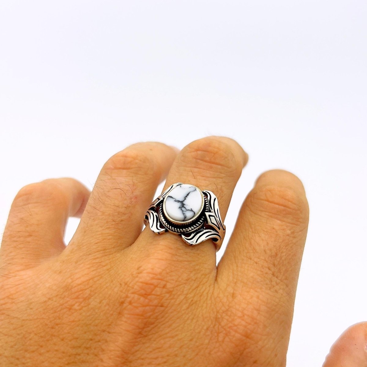 Unisex Unique Silver Ring with White Turquoise