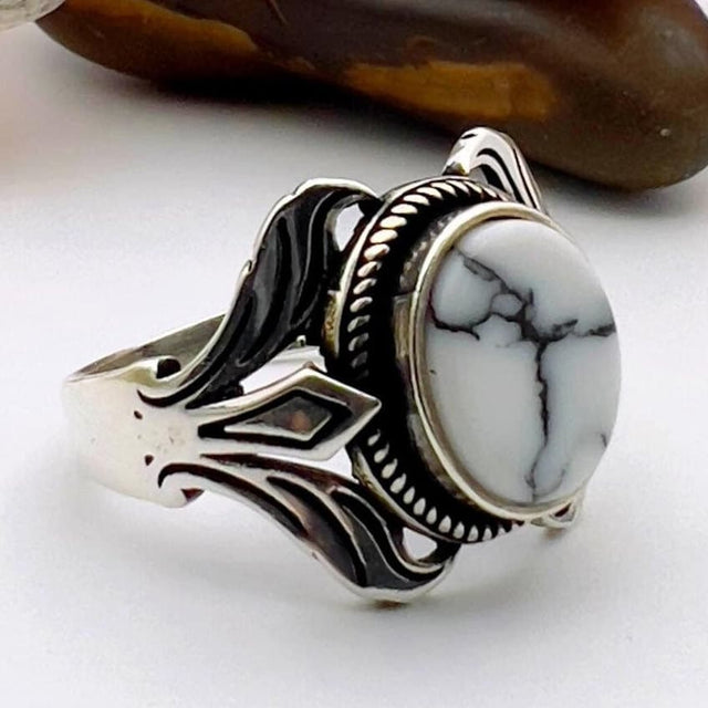 Unisex Unique Silver Ring with White Turquoise