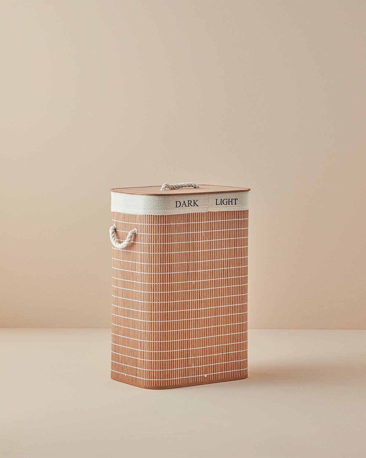 Professional Bamboo Foldable Two-Compartment Laundry Hamper - Brown