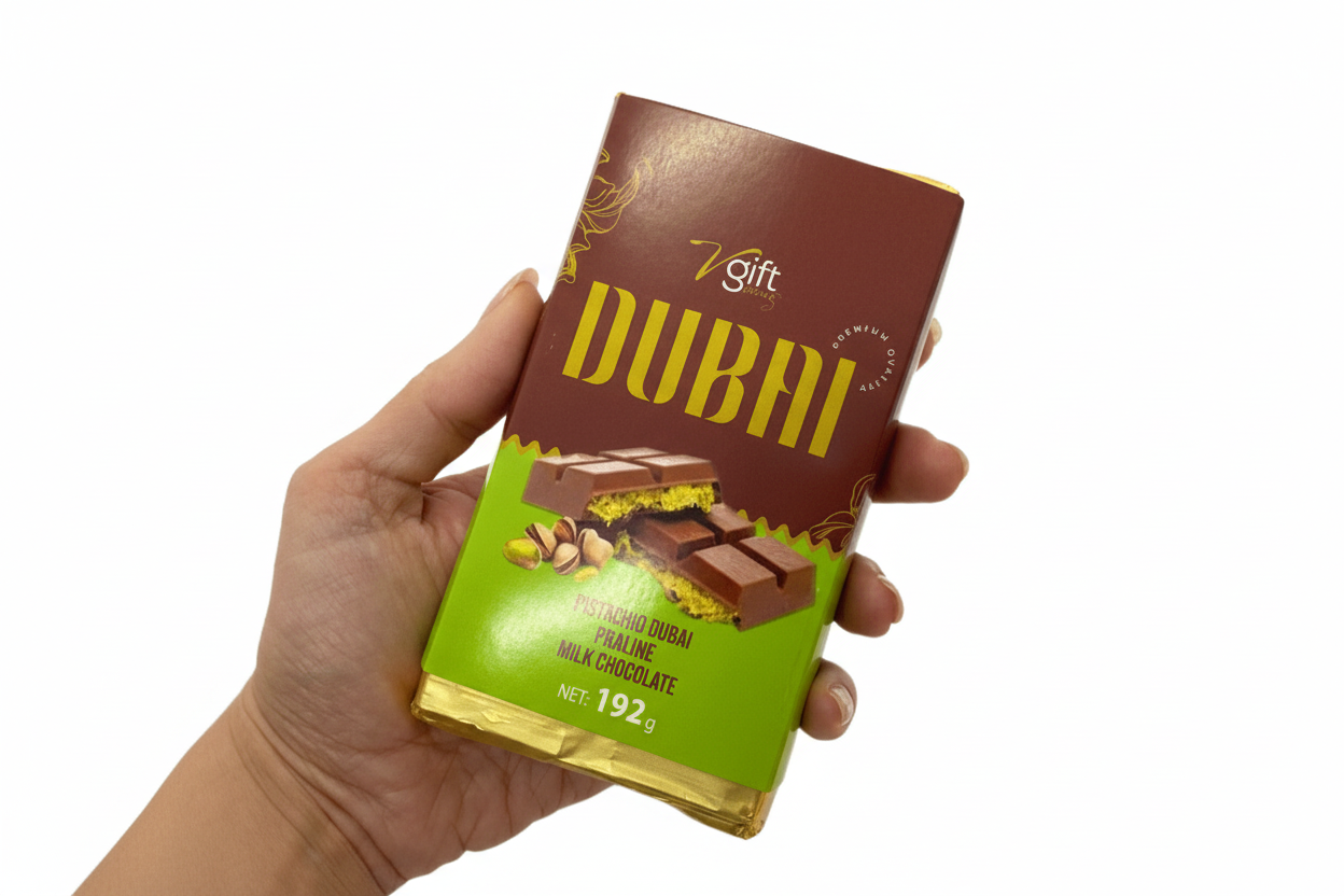 V - Gift Pistachio Praline Dubai Chocolate Bar – Crispy & Nutty Delight 192g - TryAladdin