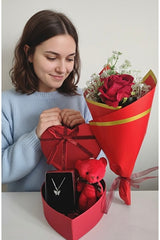 Valentine's Day Red Rose, Teddy Bear & Necklace Gift Set - TryAladdin
