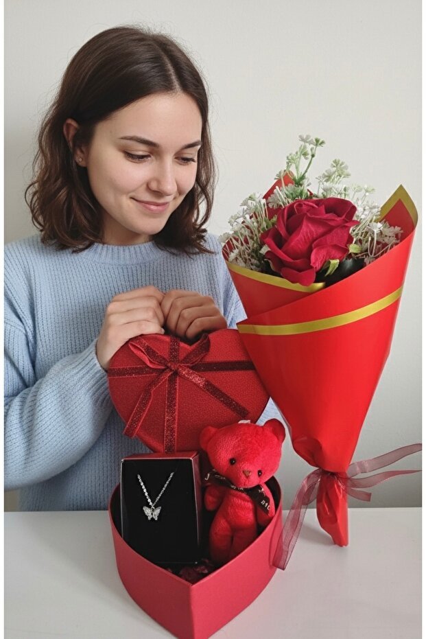 Valentine's Day Red Rose, Teddy Bear & Necklace Gift Set - TryAladdin