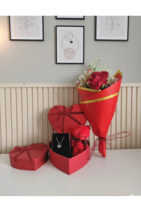 Valentine's Day Red Rose, Teddy Bear & Necklace Gift Set - TryAladdin