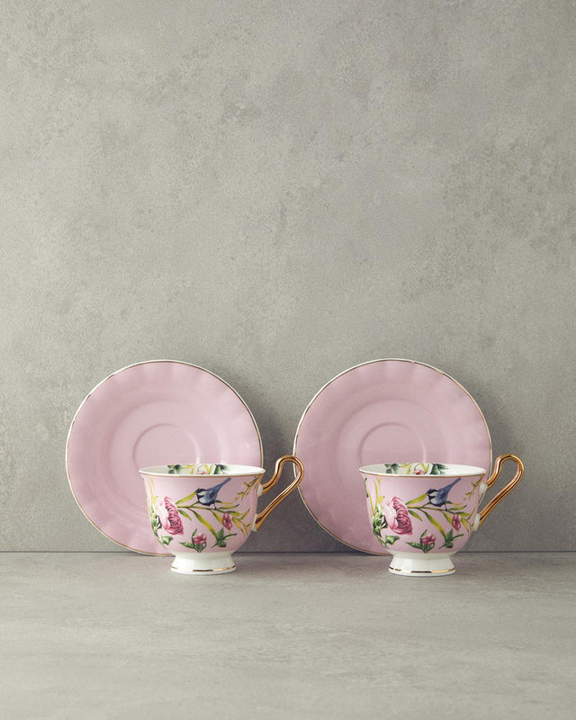 Premium New Bone China Vanilla Tea Cup Set   4 Piece Service for Two   Light Pink