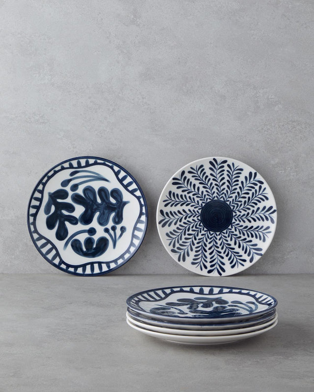 Professional Porcelain Dessert Plate Set - 6 Piece White Navy Blue 21cm