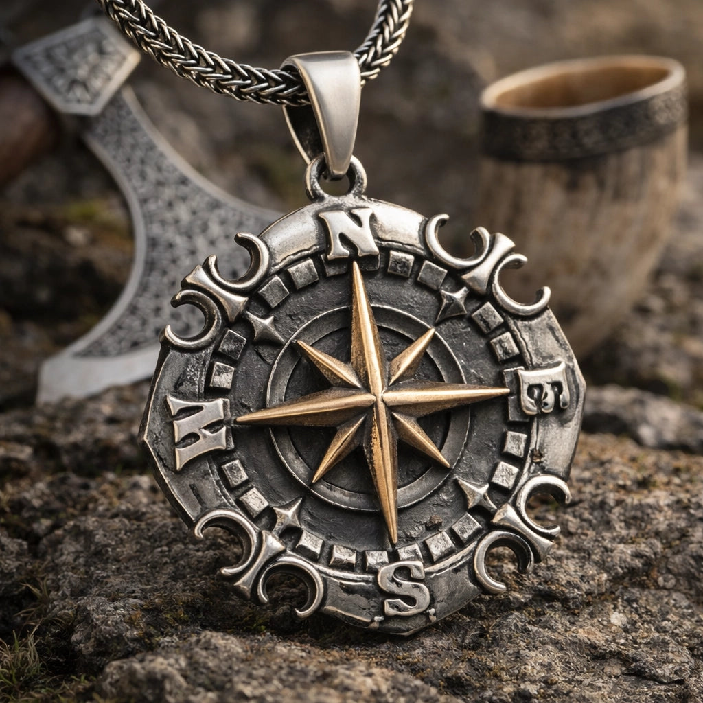 Oxidized Silver Compass Necklace - Two-Tone Adventurer Pendant