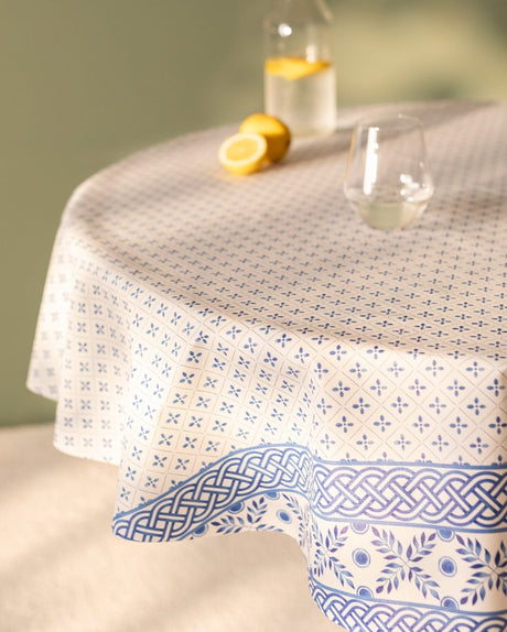 Waterproof PVC Tablecloth - White & Blue, 140 cm Round, Easy Clean - TryAladdin