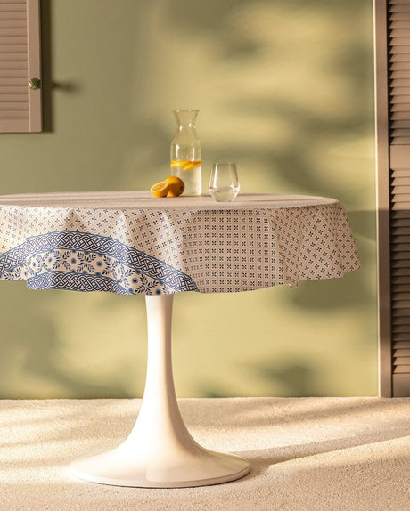 Waterproof PVC Tablecloth - White & Blue, 140 cm Round, Easy Clean - TryAladdin