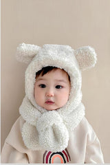 White Baby Hooded Plush Hat & Scarf Set - Windproof Bear Ears - TryAladdin