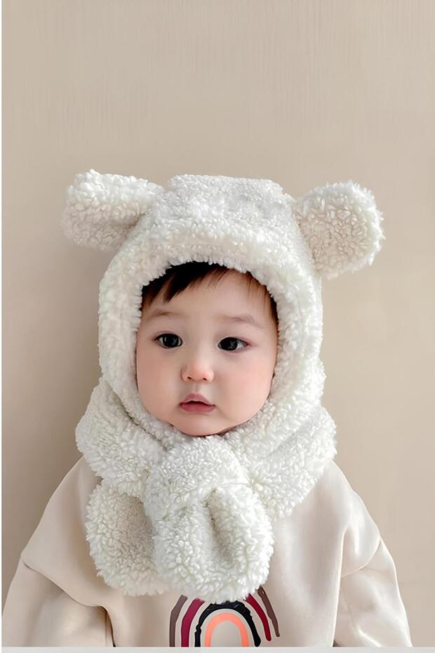 White Baby Hooded Plush Hat & Scarf Set - Windproof Bear Ears - TryAladdin