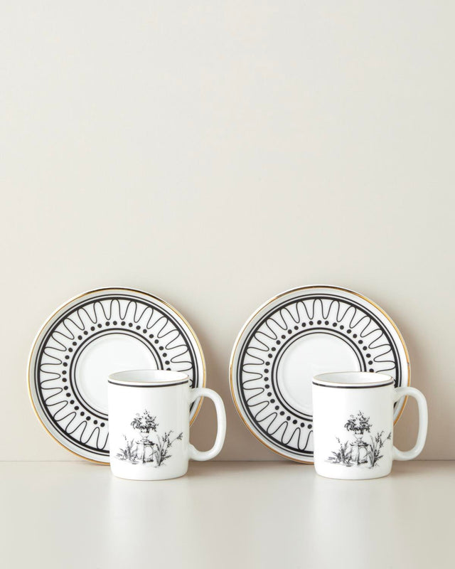 Premium Bone China Coffee Cup Set - 90ml Black White Gold Design