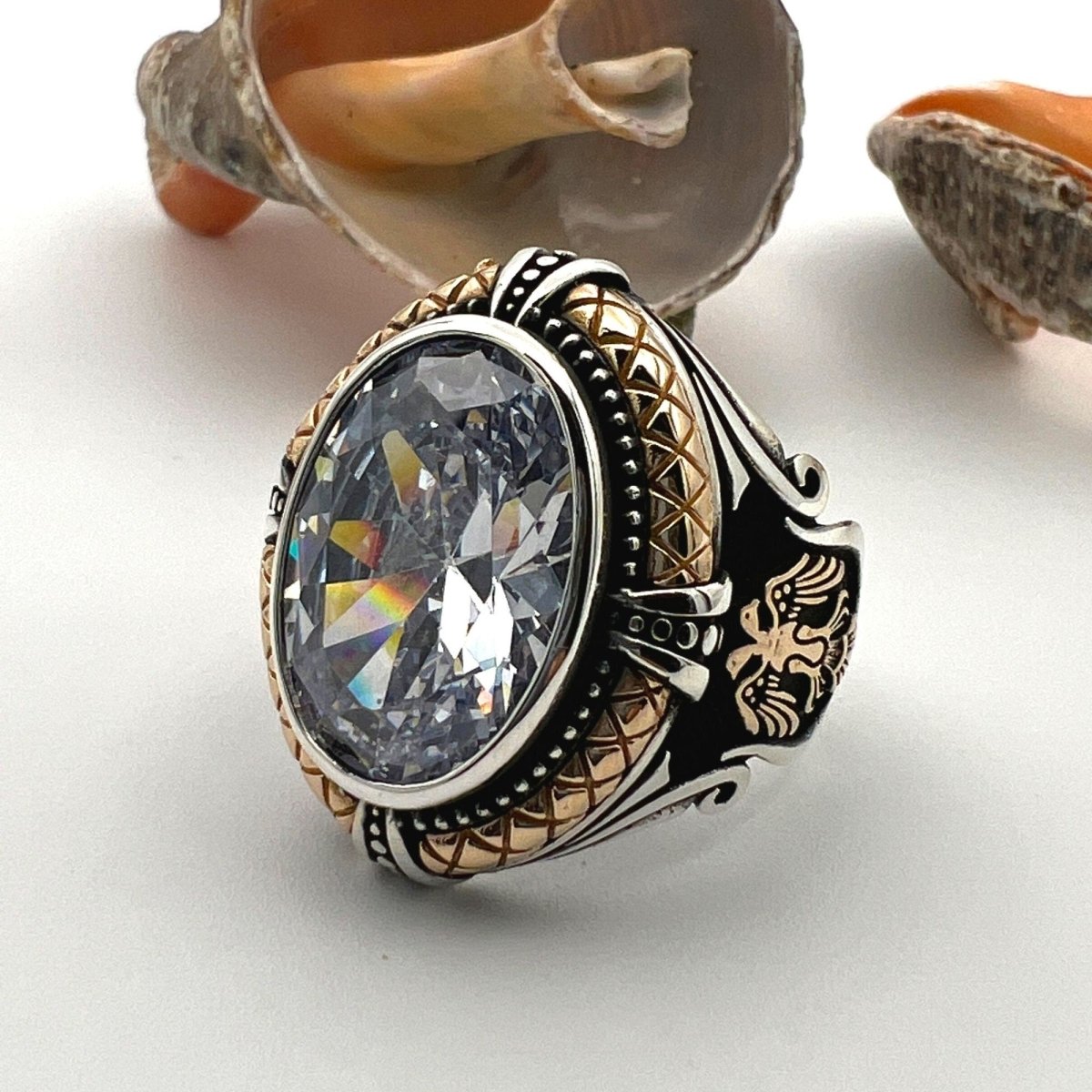 White Zircon Stone Double Headed Eagle Ring