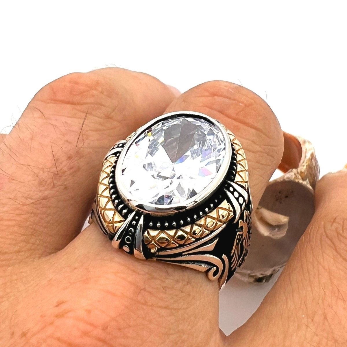 White Zircon Stone Double Headed Eagle Ring