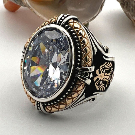 White Zircon Stone Double Headed Eagle Ring