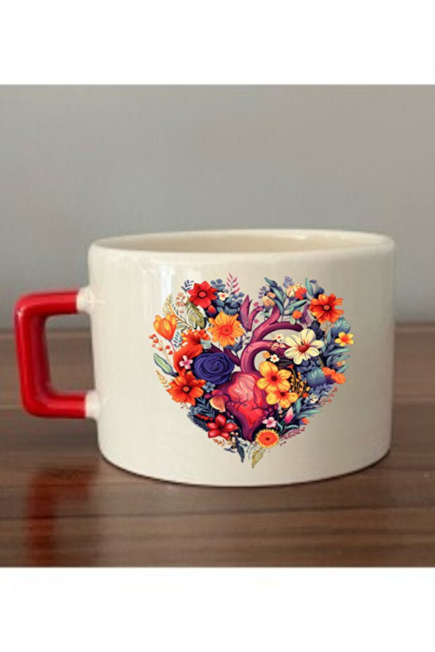 Wholesale Premium Ceramic Heart & Flower Printed Mug - Red Handle Tea & Coffee Giftware - TryAladdin