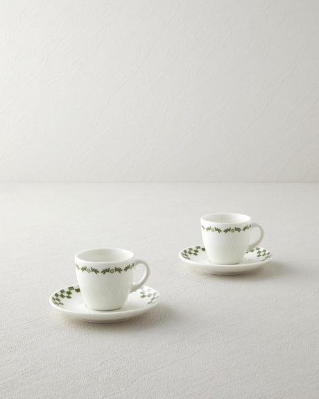 Professional Bone Porcelain Coffee Cup Set - Wild Blossom Green Floral Design