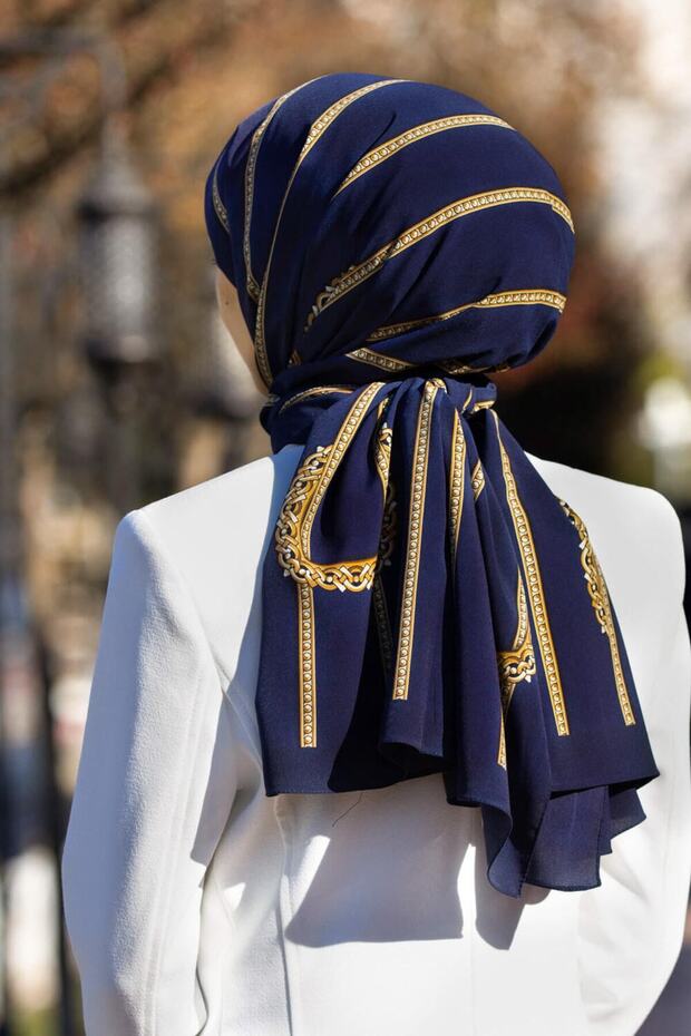 Women's Luxury Medina Silk Scarf - Navy Blue - TryAladdin