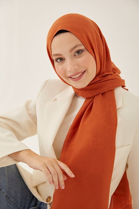 Women's Silky Cotton Jacquard G Pattern Hijab Shawl - Orange - TryAladdin