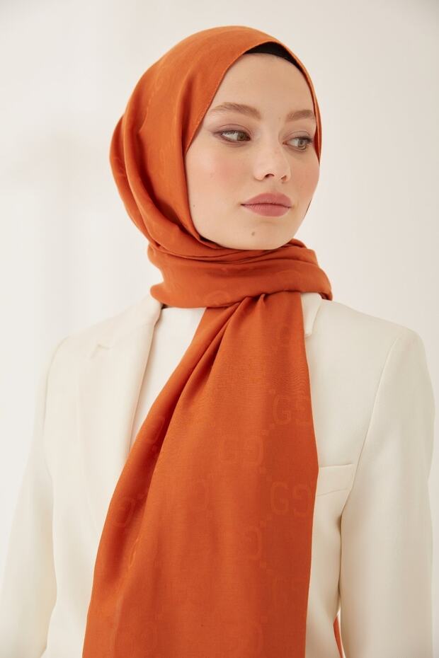 Women's Silky Cotton Jacquard G Pattern Hijab Shawl - Orange - TryAladdin