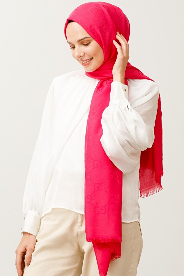 Women's Silky Cotton Jacquard G Pattern Shawl - Fuchsia - TryAladdin