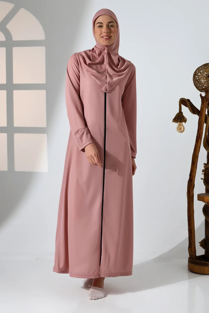 Women's Zippered One-Piece Self-Covered Pink Prayer Dress
