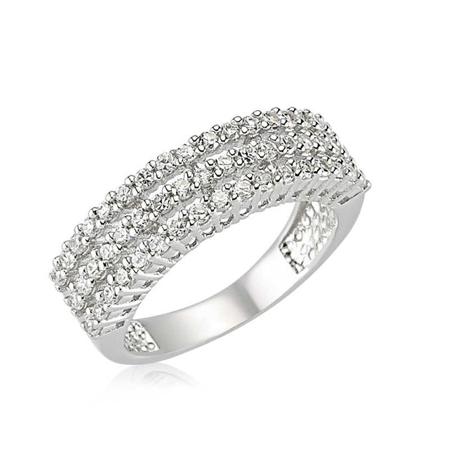 Sterling Silver Three-Row Half-Eternity Ring with Clear Stones