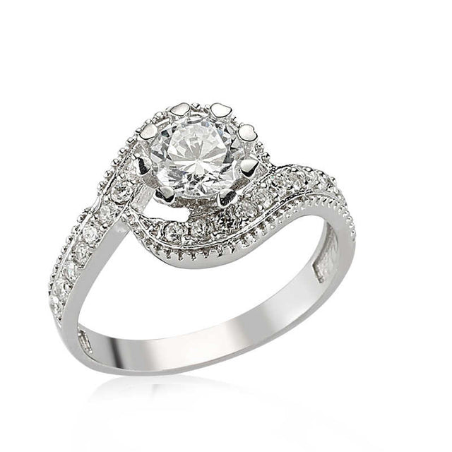 Sterling Silver Zircon Solitaire Halo Ring - Elegant Bypass Design