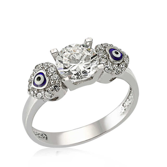 Ring - Sterling Silver Cubic Zirconia & Evil Eye Heart Solitaire Ring