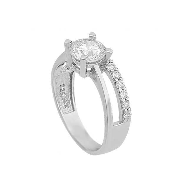 Sterling Silver Solitaire Ring - Clear CZ Half Eternity Split Shank