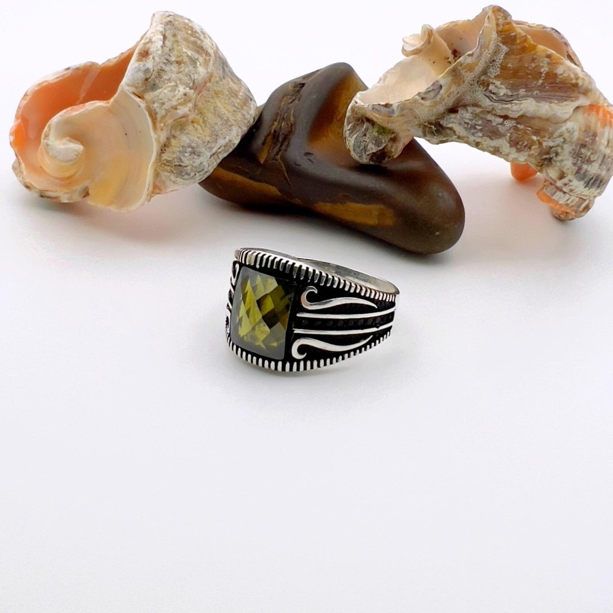 Yellow Amber Stone Men's Silver Ring