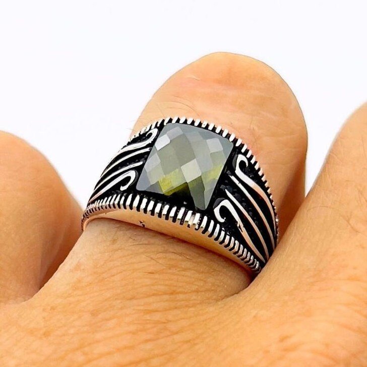 Yellow Amber Stone Men's Silver Ring