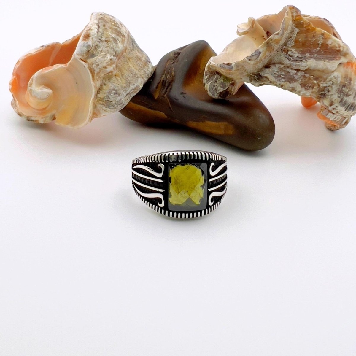 Yellow Amber Stone Men's Silver Ring