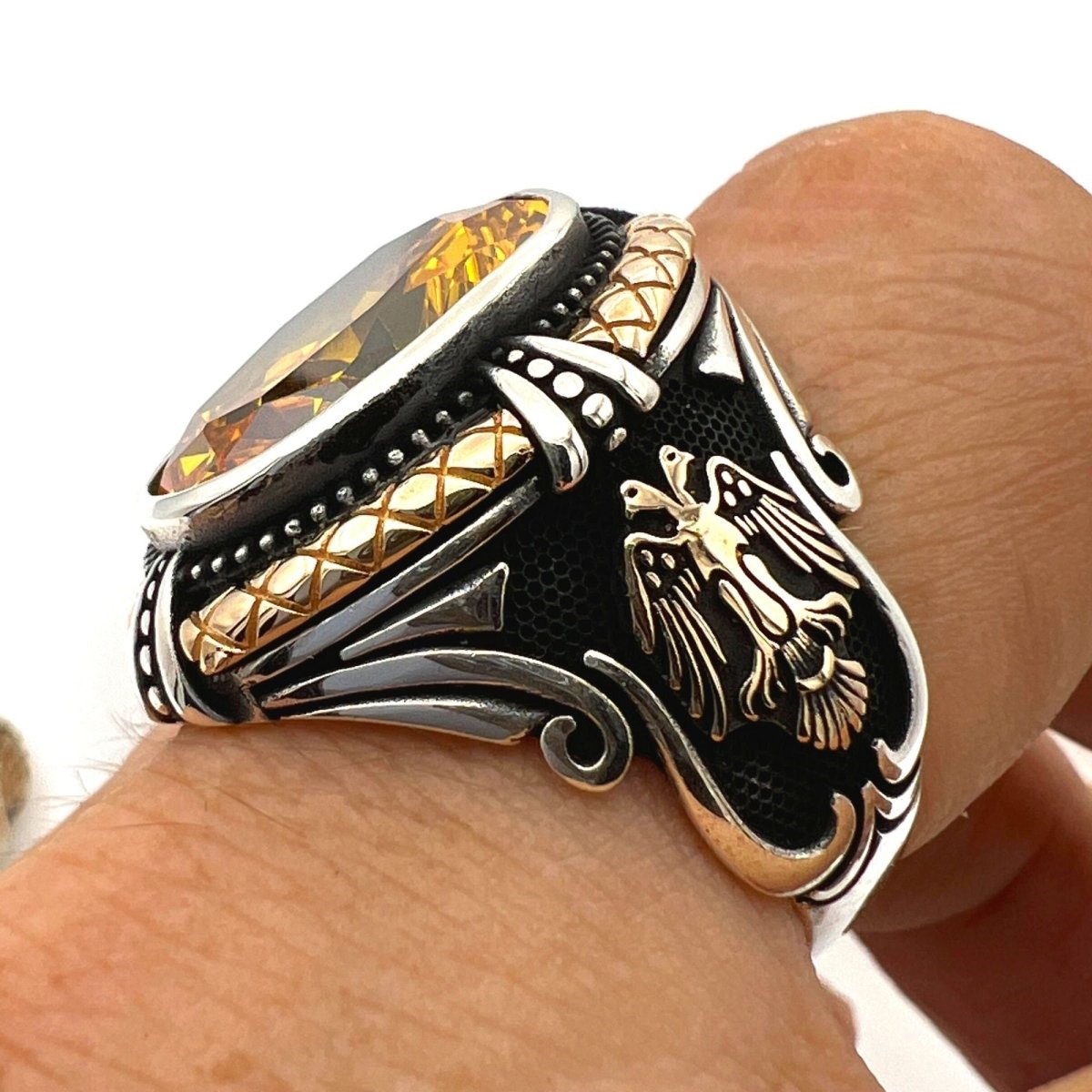 Yellow Citrine Double Headed Eagle Ring